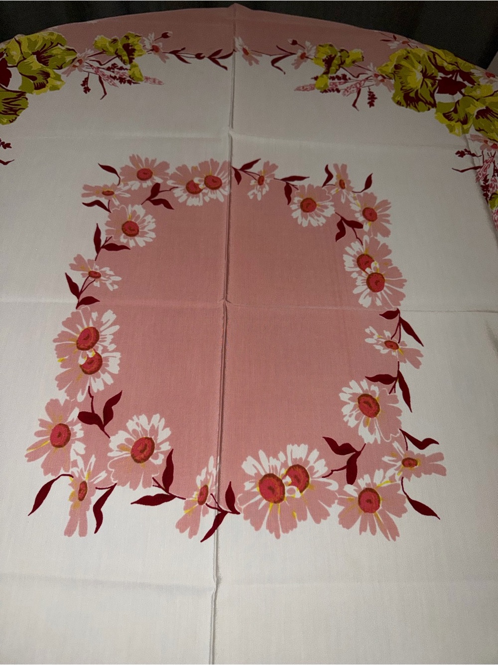Vintage Floral Tablecloth Gorgeous Chartreuse , Cranberry and Orange - Picture 4 of 5